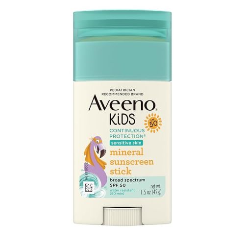 Aveeno Kids Continuous Protection Zinc Oxide Mineral Sunscreen Stick for Sensitive Skin, Face & Body Sunscreen Stick for Kids with Broad Spectrum SPF 50, Sweat- & Water-Resistant, 1.5 oz