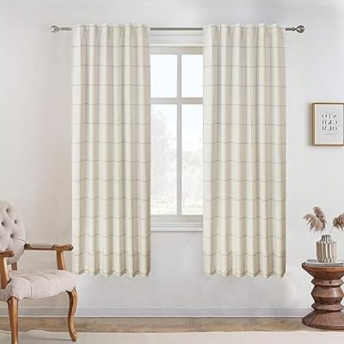 DriftAway 2 Panels 100% Blackout Windowpane Plaid Linen Curtains Double Layer Drapes for Bedroom 63 Inches Long Farmhouse Thermal Insulated 3.25 Inch Rod Pocket Back Tab for Living Room Taupe