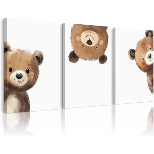 Bear Nursery Wall Art Decor Kids Canvas Poster Baby Boy Nursery Wall Decor Woodland Animal Pictures Teddy Peeking Bear Prints Cute Brown Painting Neutral Artwork Bedroom 16x24x3 Inch Ready to Hang