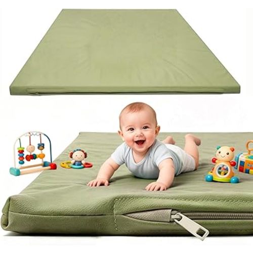 FONESO Baby Play Mat, 50"x50" Stylish Super Soft Vegan Leather Floor Mat for Infants and Toddlers, Cushioned & Waterproof Playpen Mat and Just Wipe-Clean Playmat for Baby Play on Floor (Army Green)