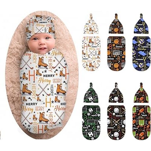 Kegono Personalized Hockey Swaddle Blanket Boy Girl Newborn Essentials,Custom Baby Hockey Swaddle Blanket and Hat Set with Name,Customized Gifts
