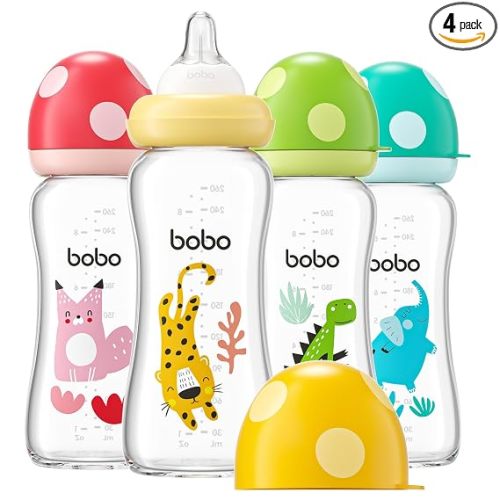 YOHKOH Natural Glass Baby Bottles, 8.8oz Multicolored-B 4‑Pack