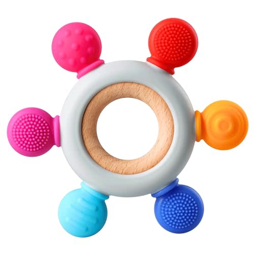 Baby Teething Toys, Silicone Chewable Teethers with Wooden Ring for Soothing Babies Gums, Rudder Chewers Shower Gift for lnfants & Toddlers, 3+ Months (6 Directions, Rainbow)