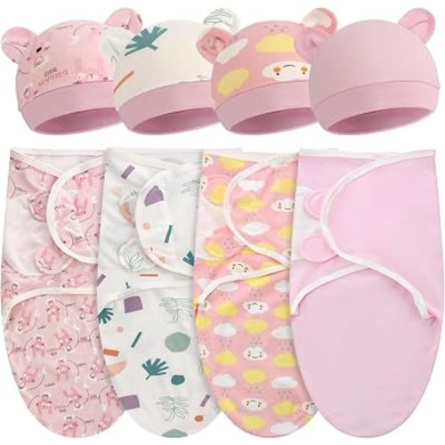 Buryeah 4 Pack Preemie Swaddle Blankets with Hats, Preemie, Boho, Pink