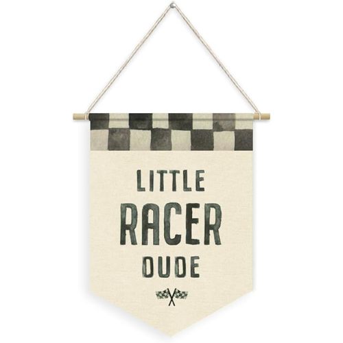 Race Car Wall Art,Little Racer Dude Canvas Banner,Lightning Mcqueen Boys Room Pennant Flag Banner Wall Decor,Pixar Cars Room Decor,Nursery Wall Hanging for Kids Toddler Boys Bedroom Playroom