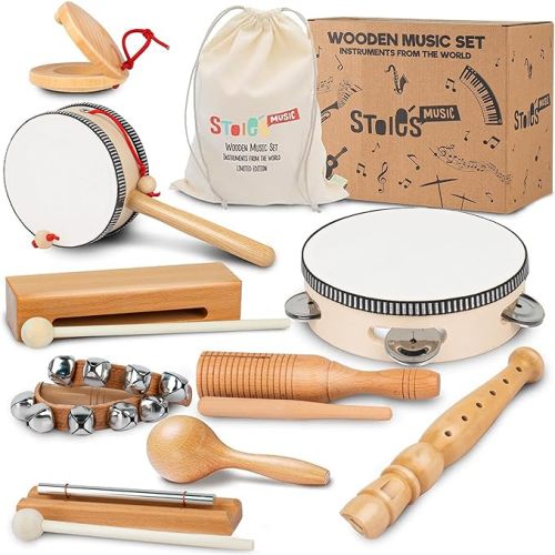 Stoie's Wooden Toddler Musical Instruments with Drum, Hand Bells, Flute, Maracas, Castanet, Tamburine, for Babies and Kids, Eco Friendly Montessori Educational Toy