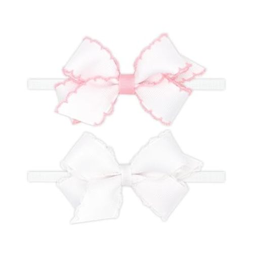 Wee Ones Girls' GIFT PACK Two Mini Moonstitch Grosgrain Bows on Skinny Nylon Band, Mini, Light Pink and White