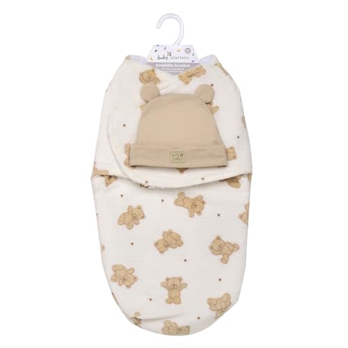 Ultra Soft 2 Ply Plush Swaddle Blanket with Novelty Hat for Baby, 2 Piece Set, Tan Teddy Bear Print, 0-3M