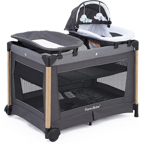 Pamo Babe Deluxe Baby Playard with Foldable Mattress, Large Changing Table，Detachable Childcare Center (Black)