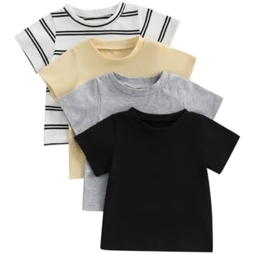 Baby Boy 4-Pack Short Sleeve Crewneck T-Shirts Top Active Tee Toddler Boys' Solid/Striped Cotton T-Shirt