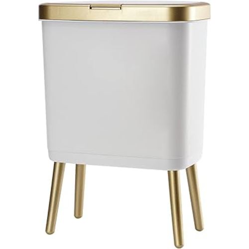 Procade Bathroom Trash Can with Lid, Plastic Garbage Can with Legs, 4 Gallon Gold Trash Bin with Push Button, Narrow White Trash Can Waste Basket for Bedroom, Living Room,Office，Dog Proof Trash Bin