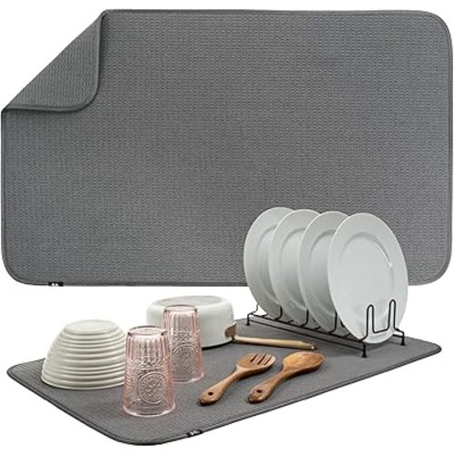 S&T INC. Dish Drying Mat Jumbo, 18” x 30”, Absorbent Microfiber Kitchen Counter Mat, Dish Drying Pad for Dishes, Utensils, Pots and Pans, Jumbo, Charcoal