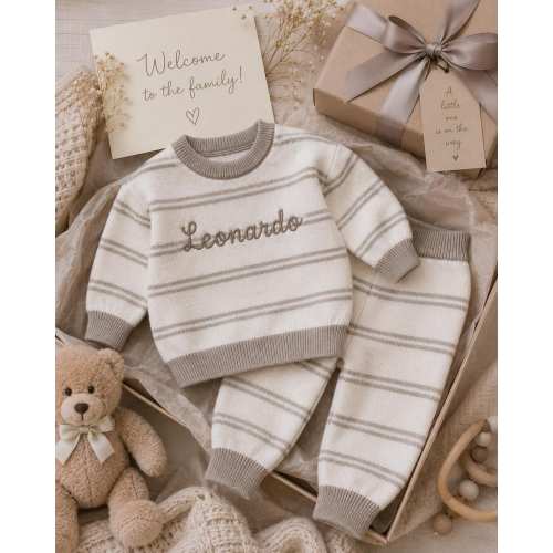 Personalized Knitted Baby Boy Set, Striped Cotton Toddler Outfit, Newborn Gift