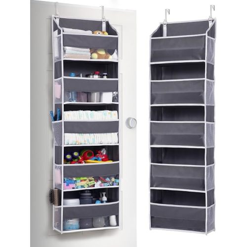 ULG 1 Pack Over Door Organizer with 5 Large and 10 Mesh Side Pockets, 44 lbs Weight Capacity Hanging Storage with Clear Window Kids Toys, Shoes, Diapers, Dark Grey, 5 Layers