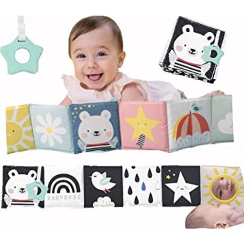 Baby Steps Angel Bear Black White High Contrast Baby Soft Cloth Book Tummy Time Toys,Baby Safe Mirror Teether Early Educational for Infants Toddlers Sensory,0-3 Yrs Newborn Crinkle Book for Babies