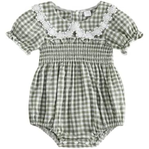 MERSARIPHY Newborn Baby Girl Summer Clothes Peter Pan Collar Plaid Flower Smocked Bubble Short Sleeve Romper One Piece Outfit