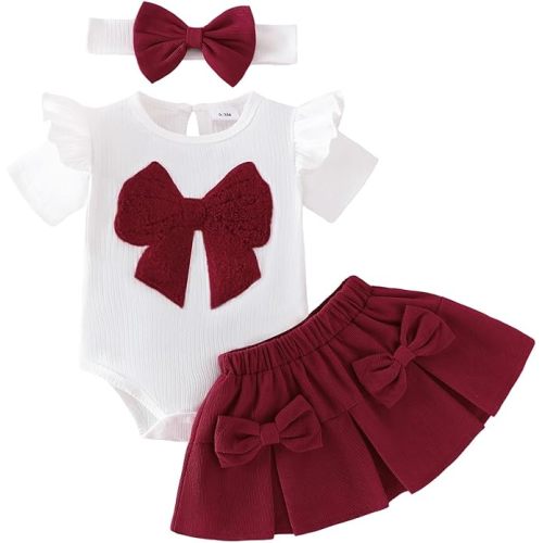 Baby Girl Clothes Summer Outfits Newborn Ruffled Short Sleeve Romper Cute Bows Skirt with Headband 3PCS 0-18 Months