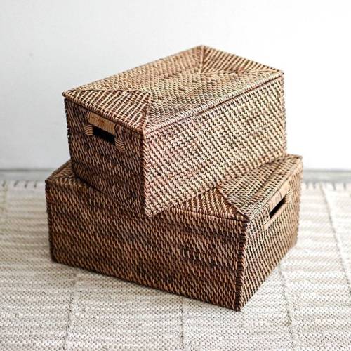 A pair of Dark Brown Woven Rattan Storage Box With Lid, Large Organizer Box, Wicker Rectangle Container