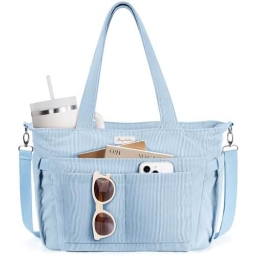 Corduroy Tote Bag for Women, 17 Pockets Laptop Work Tote Bag Lightweight Teacher Nurse Bible Bag for School Travel