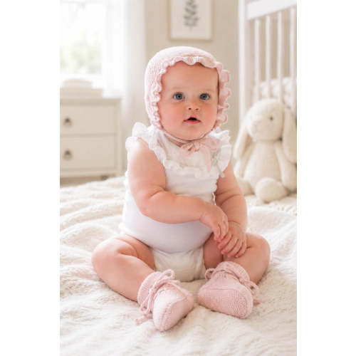 Organic Cotton Baby Sweater Bonnet and Bootie Set, Pale Pink