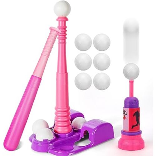 TOY Life T Ball Sets for Kids 3-5, Baseball Set for Toddler Girls, TBall Stand with Ball Launcher and 6 Teeballs, Indoor/Outdoor Sport Toys Gifts for Girls, Pink