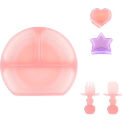 Bumkins - Jelly Silicone Grip Dish 3-Section, Training Chewtensils & Little Dipper Cups - For Ages 6 Months+ - Suction Base - 100% Food-Safe Silicone - Oven, Microwave, & Dishwasher Safe - Jelly Pink