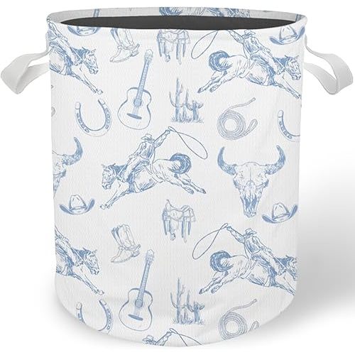Blue and White Western Laundry Basket, Country Rodeo Cowboy Bull Skull Laundry Basket Hamper Waterproof Collapsible Clothes Toys Storage Bin for Bedroom Bathroom Kids Room, Toybox for Boys