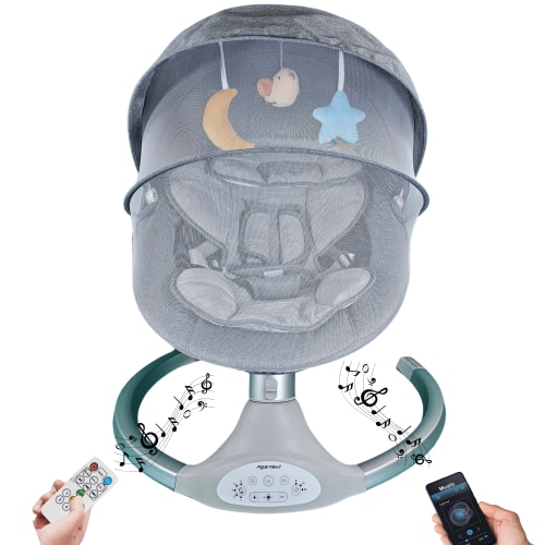Baby Swing with Remote Control, Grey Fabric Seat, Musical Mobile with Moon and Stars, Adjustable Settings (Silver Gray) - Walmart.ca