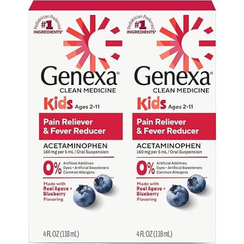 Genexa Children's Clean Acetaminophen | Pediatrician Preferred Ingredients | Pain & Fever Reducer for Kids | Dye Free, 0% Artificial Additives | Ages 2-11, Delicious Organic Blueberry Liquid, 4 fl oz