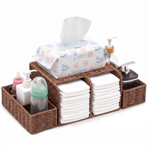 Large Wicker Diaper Caddy Changing Table Organizer, Brown, Paper | Detachable Modular Diaper Caddy for Nursery, Woven Diaper Storage Dispenser Basket for Nursery Diapering Baby Essentials Gift