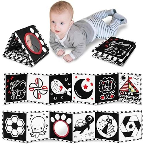 Black and White High Contrast Baby Toys for Newborn 0-3 3-6 Months Boy Girl Infant Tummy Time Soft Books Babies Newborn Sensory Visual Stimulation Toy Mirror Sensory Toys Development Brain
