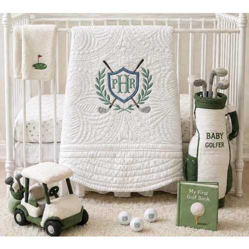 Custom Golf Baby Quilt, Embroidered Heirloom Nursery Decor, Golf Theme Shower Gift