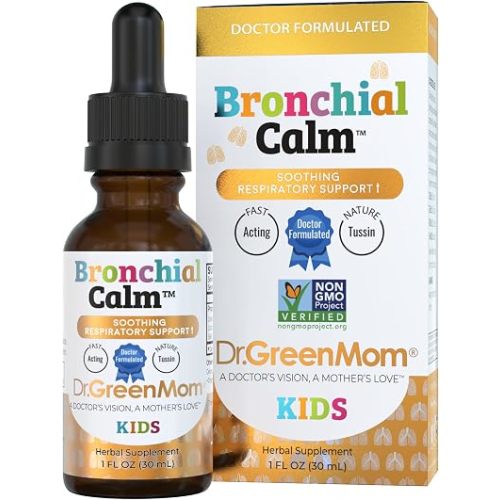Dr. Green Mom Kids Cold, Flu & Allergy Support — Bronchial Calm — Herbal Immune Liquid Drops for Babies, Toddlers & Children — Natural Cough Care — Drug-Free, Sugar-Free, Non-GMO, 1 fl oz