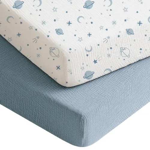 Konssy Muslin Crib Sheets for Boys, Soft Cotton Neutral Baby Sheets for Standard Crib Mattress 2 Pack, 52"x28" (Star,Blue)