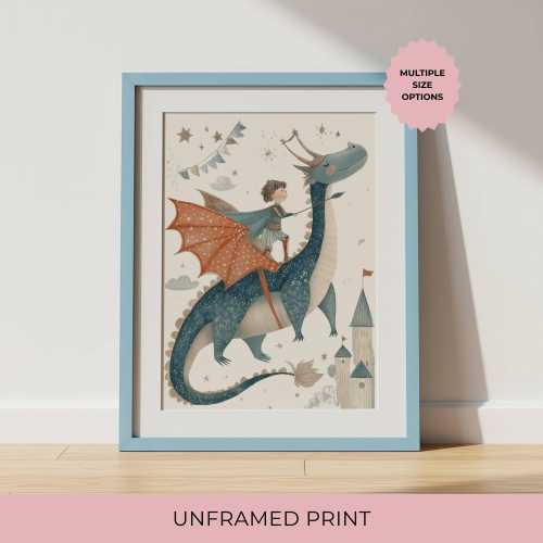 Dragon wall art print fairy tale kids room decor boy riding dragon nursery illustration magical adventure poster unframed print