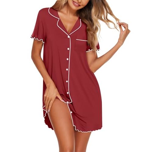 Ekouaer Nightgowns for Women Button Down Sleep Shirt Short Sleeve Sleepwear | Ladies Night Gowns Classic Night Shirt Casual Pajama Dress for Sleep, Wedding, Party, Labor, Delivery, Maternity, Nursing