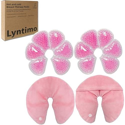 2 Sets of Lyntimo Breast Ice Pack, Hot and Cold Breast Therapy Pads with Plush Cover, Nipple Breastfeeding Cooling & Heating Compress for Moms (Pink)