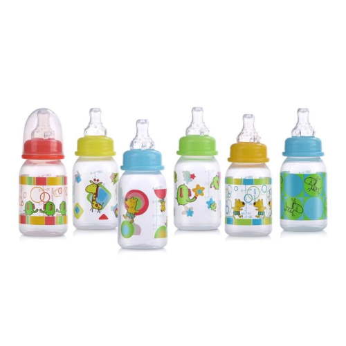 Nuby Baby Bottle, 4oz Clear Printed, Silicone Medium-Flow Nipple, Assorted Colors