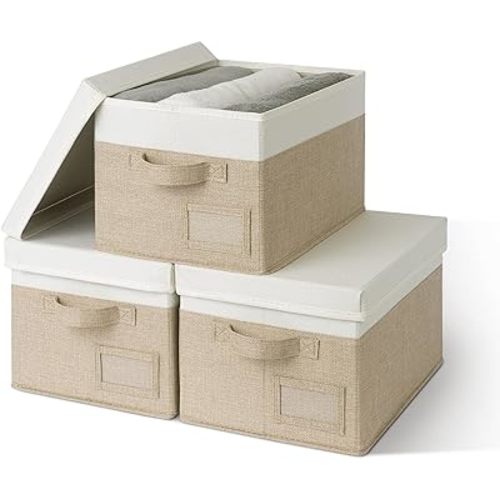 GRANNY SAYS Storage Basket with Lid, Linen Fabric Storage Bins for Shelves, Decorative Storage Boxes, Clothes Storage and Organization, Memory Keepsake Box, 3-Pack, Khaki&Ivory