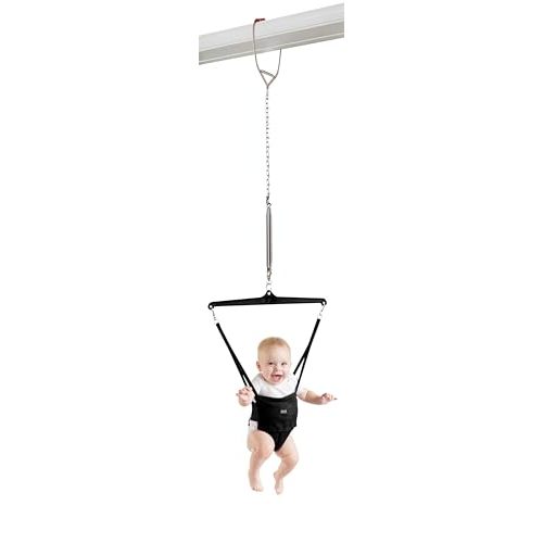 Jolly Jumper Iconic Doorway Baby Jumper - Black | Original Doorway Baby Jumper, Indoor Exercise Saddle Seat, Adjustable Height, for Infants up to 28lbs, No Stand Required