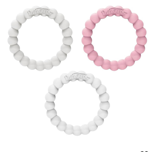 Dr. Brown's Flexees Beaded Teether Rings, 100% Silicone, Soft & Easy to Hold, Encourages Self-Soothe, 3 Pack, Pink, White, Gray, BPA Free, 3m+