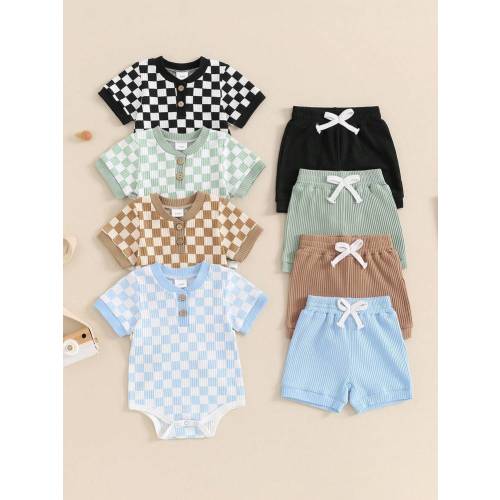 0-18 Months Baby Boys Summer Outfits Checkerboard Buttons Short Sleeve Romper And Shorts 2Pcs Clothes Set | SHEIN USA