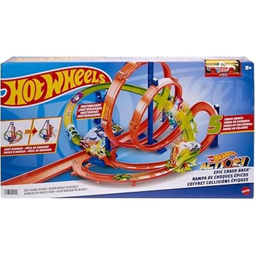 Hot Wheels Track Set, Epic Crash Dash with 5 Crash Zones, Motorized Booster and 1 Hot Wheels 1:64 Scale Toy Car, Easy Storage (Amazon Exclusive)