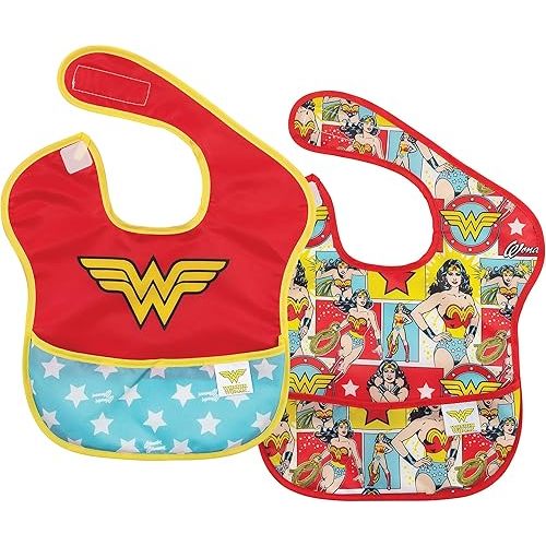 Bumkins Bibs for Girl or Boy, SuperBib Baby and Toddler for 6-24 Months, Essential Must Have for Eating, Feeding, Baby Led Weaning, Mess Saving Catch Food, Waterproof Soft Fabric, 2-pk Wonder Woman