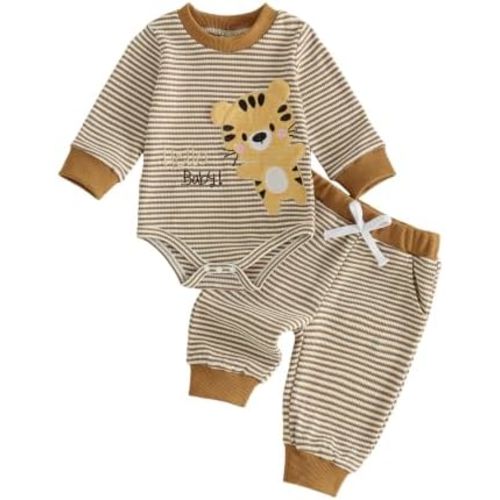 Baby boy Clothes Dinosaur Outfit Waffle Knit Romper Pants Set