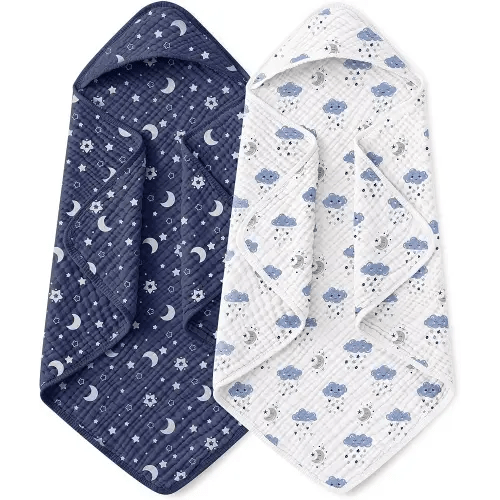 Yoofoss Hooded Baby Bath Towels 2 Pack 100% Muslin Organic Cotton with Hood