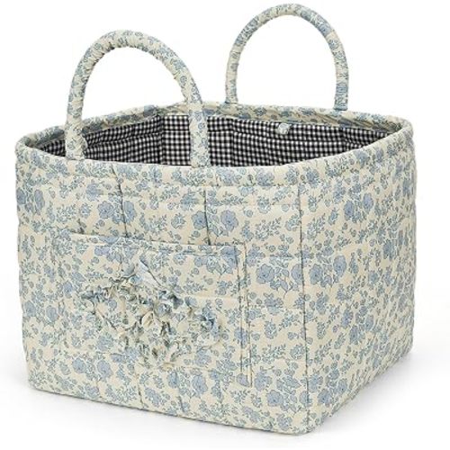 Floral Fabric Storage Basket Car Interior Storage Basket Underwear Sundries Laundry Baskets Supplies Home Organizer Bag (Blue floral A)