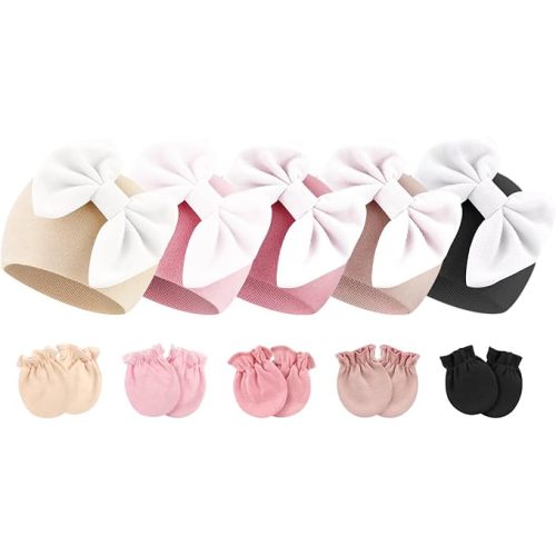 BQUBO Newborn Baby Girls Hats Mittens Set Hospital Hat Beanie Infant Bow Hats Baby Cotton Gloves for 0-6 Months