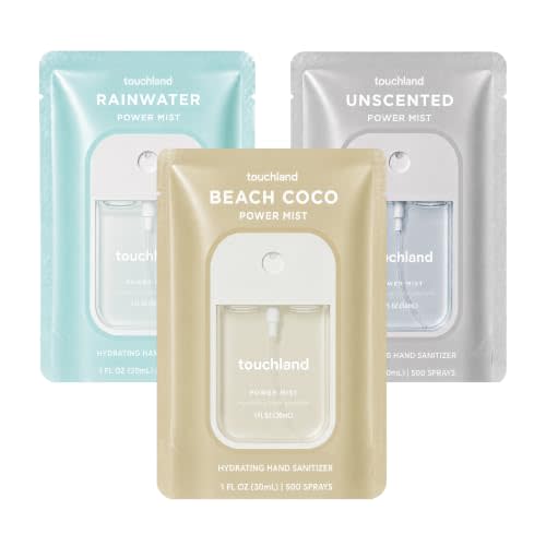 Touchland Dye Free Trio Hydrating Hand Sanitizer Spray Set Travel Size | TSA ready Power Mist with skincare benefits. Rainwater, Beach Coco and Unscented.