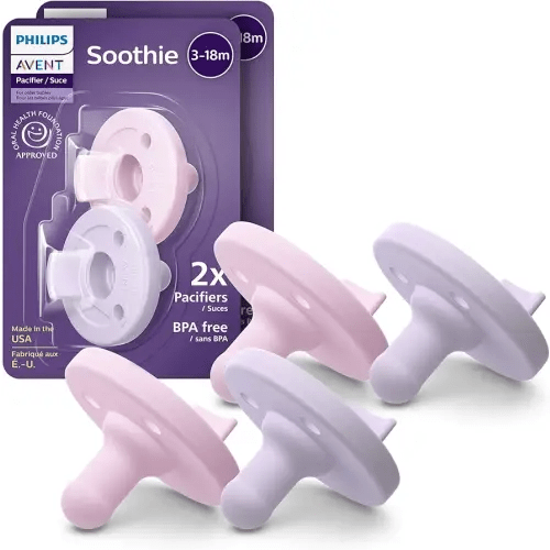 Philips Avent Soothie Orthodontic Baby Pacifiers, 100% Silicone Pacifiers, One Piece, BPA-Free, for Babies 3-18 Months, 2 Lilac and 2 Pink, 4 Pack, Model SCF192/70